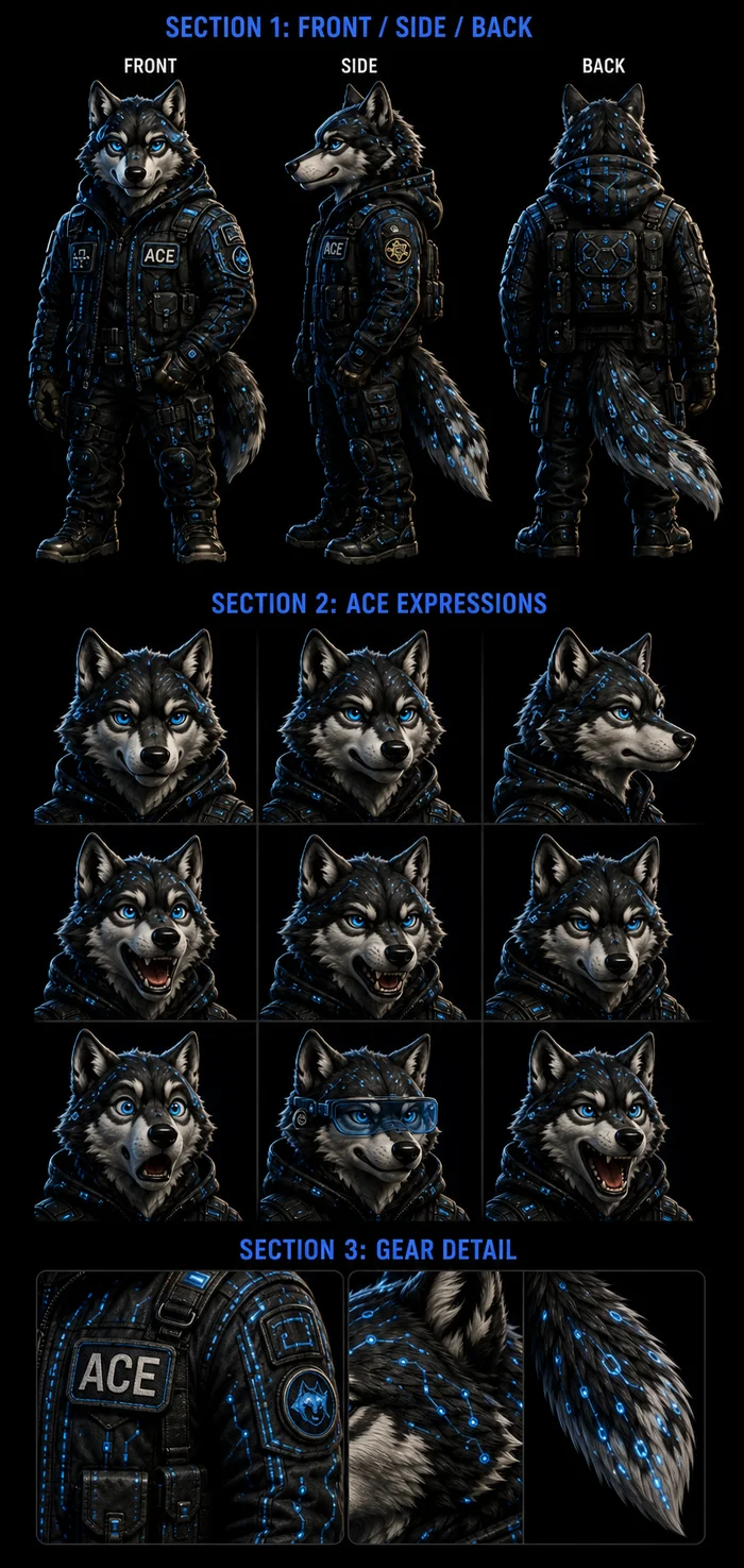 Ace Wolf character reference sheet