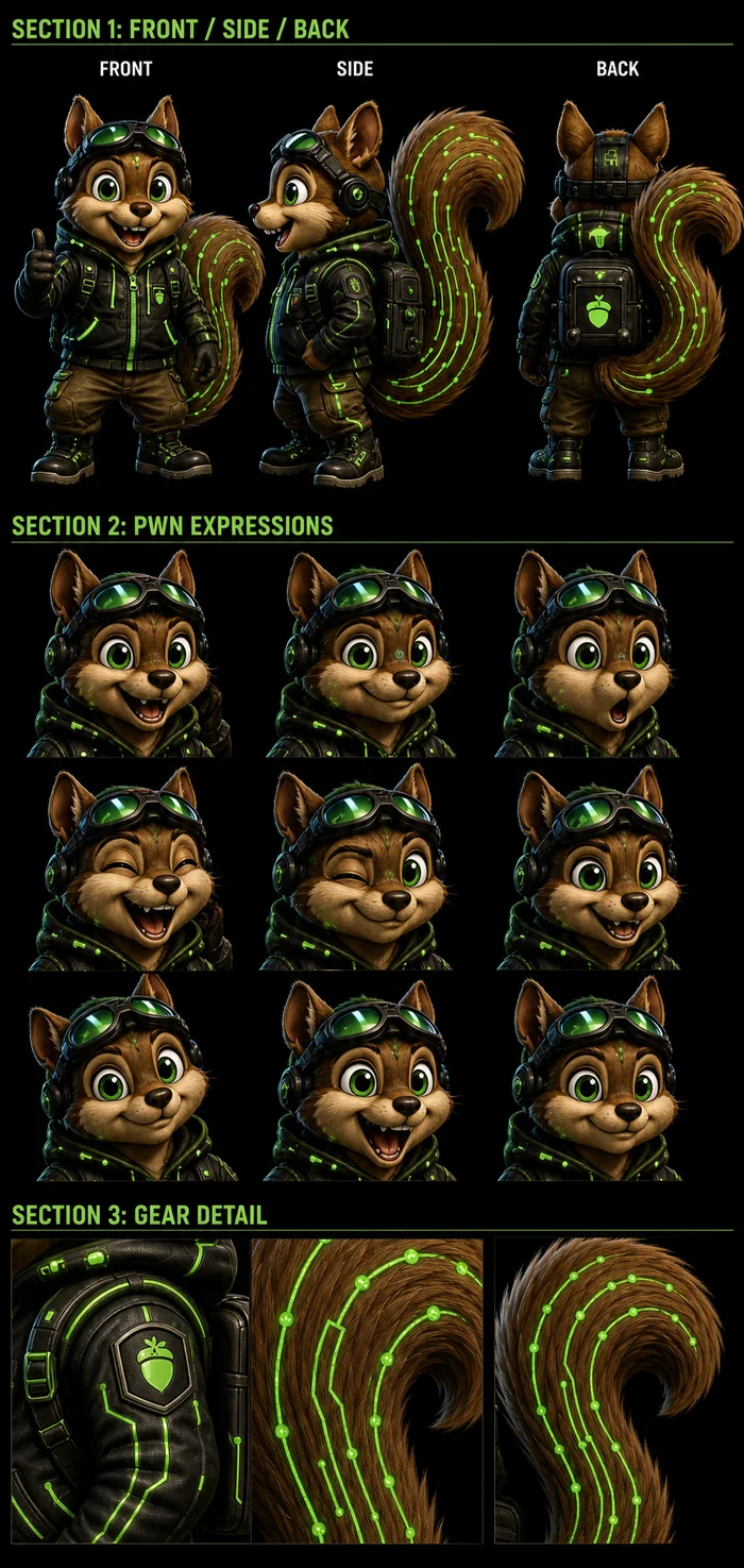 Pwn Squirrel character reference sheet