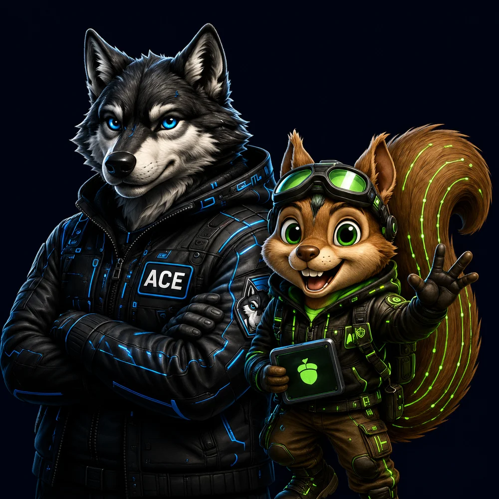 Ace Wolf and Pwn Squirrel standing together, tactical cyberpunk style illustration
